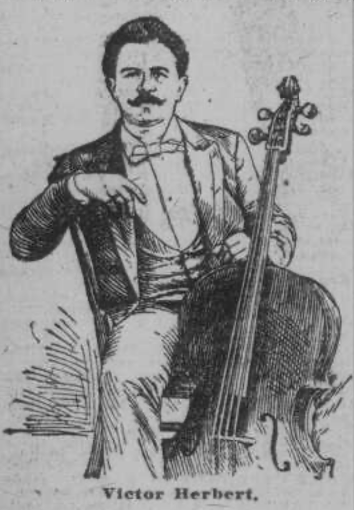 A sketch of a white man with dark hair and a mustache, seated with his cello